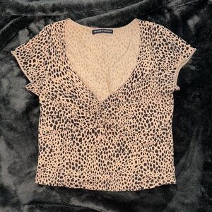 Brandy Melville Tan and Black Animal Print V-Neck Tee